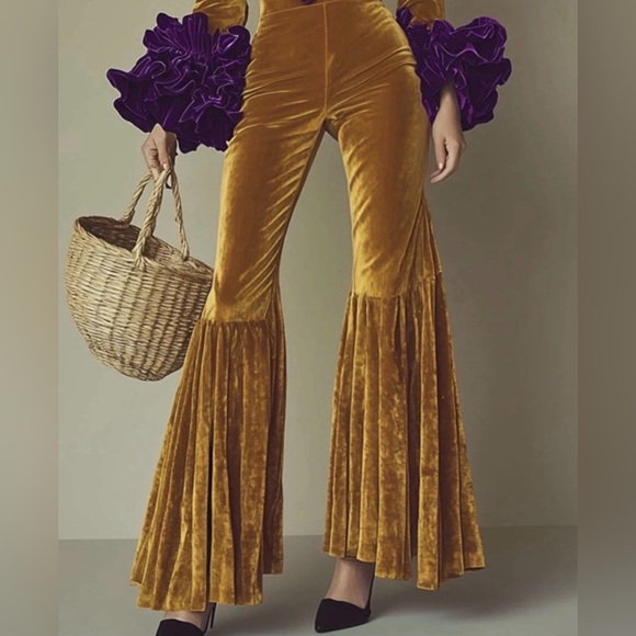 Oyrosy Designer Fashion Party Purple Ruffle Flared Gold Velvet Jumpsuit Sz Small - Picture 4 of 9